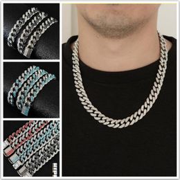 3 Colors 13mm Hiphop Mens Full Red Diamond Cuban Link Chain Necklace Bracelet guys Bling Curb Choker Chains Miami Rapper Jewelry for Me 238r