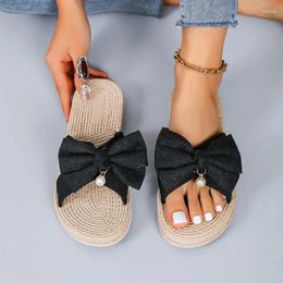 Slippers Comemore Summer Bow Weave Beach Flat Shoes Ladies Open Toed Flip Flops Zapatos De Mujer Women's Artificial Straw Sole