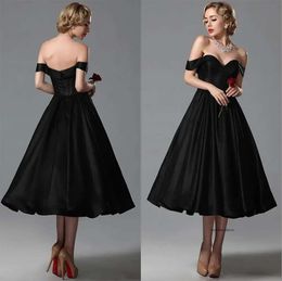 Vintage Black Wedding Dresses A Line Sweetheart Off Shoulder Tea Length Bridal Gowns Custom Made for Brides Formal Party Gown 0509