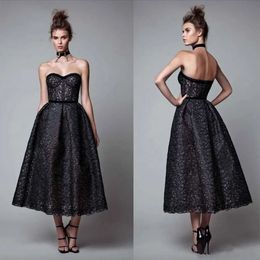 Berta 2023 Black Evening Dresses Sweetheart Lace Appliques Prom Gowns Custom Made Tea Length A Line Special Ocn Dress 0509