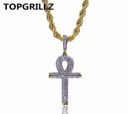 Topgrillz Hip Hop rocciosa Colore oro Gold All Iced Out Micro Pave Cz Ankh Collane a sospensione con catena di corda da 60 cm3252463