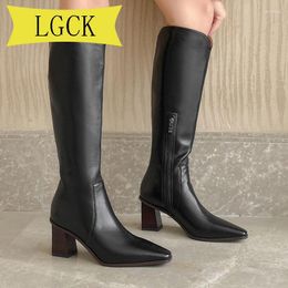 Boots Plus Size 34-39 Fashion Winter Leather High Women Square Toe Heels Zipper Basic Shoes Knee Lady