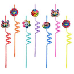 Disposable Plastic Sts Fluorescent Rainbow Flower Themed Crazy Cartoon For Kids Birthday Drinking Party Supplies Favors Decorations Ch Otios