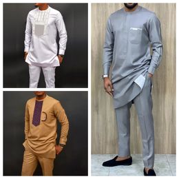 Luxury Mens Suit Shirt and Pants Set of 2 Clothing Crew Neck Solid Colour Festive Long Sleeves African Ethnic StyleM4XL 240507