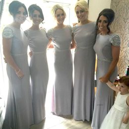 2021 Long Gray Bridesmaid Dresses Cap Sleeve Beadings Waist Floor Length Sheath Girls Party Gowns Wedding Guest Dress Custom Size Gown 0509