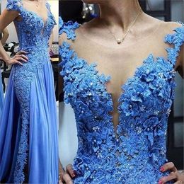 Blue Lace Appliques Mother of the Bride Dresses Illusion Pearls Beading Formal Godmother Evening Wedding Party Guests Gown Plus 0509