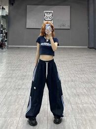 Frauenhose Capris Houzhou Y2K Kpop gestreifte Frachthose Frauen Hippie Harajuku Strtwear Übergroße Baggy Joggy Pants Korean Style Lose breite Hose Y240509