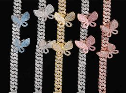 Blue Pink Cuban Link Butterfly Choker Necklace Chain Crystal Rhinestone Chokers Necklaces for Women Gold Collar Whole 2103301745453