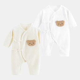 Rompers Boys Girls One Piece Outfit 100% Cotton Newborn Baby Long Sleeve Romper Infant Solid Knitting Thin Jumpsuit For Seasons H240508