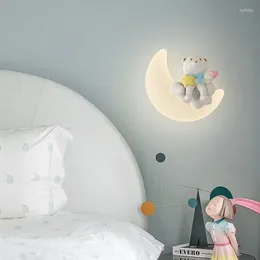 Wall Lamps Cute Children's Room White Bear On The Moon LED Warm Romantic Nursery Boy Girl Bedroom Bedside Light
