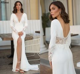 Modern Ivory Satin Mermaid Wedding Dresses With Long Sleeves Sexy Deep V Neck Front Split Vestidos De Novia Chic Lace Pearls Backless Simple Bridal Gowns CL3553
