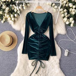 Casual Dresses OCEANLOVE Velvet V Neck Mini Dress Solid Spring Autumn Vintage High Waist Sexy Vestidos Mujer Fashion Elegant Women