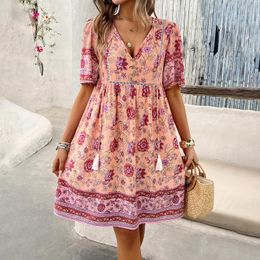 Party Dresses High Quality Women Clothing 2024 Summer Leisure Vacation Printed V-neck Cashew Flower Short Sleeved Dress Vestidos Elegantes