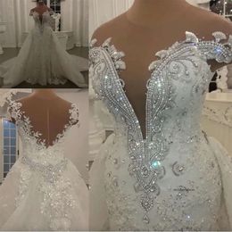 Modest Mermaid Wedding Dresses with Detachable Skirt Shining Sequins Crystals Beads Appliques Sheer Neck Backless Long Bridal Gowns 0509