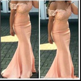 2020 Cheap Bridesmaid Dresses Sexy For Weddings Peach Cap Sleeves Lace Appliques Mermaid Floor Length Plus Size Formal Maid of Honor Go 311M
