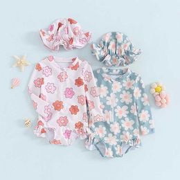 One-Pieces Baby Girl 1Piece Swimsuit Floral Long Sleeve Zipper Ruffle Swimwear Rash Guard Beach Bathing Suit Sunsuit with Hat H240508