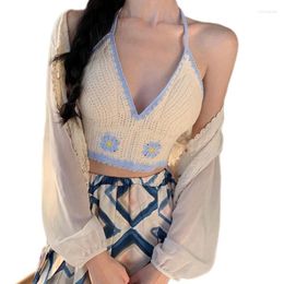 Women's Tanks Crocheted Flower Bustiers Vests For Women Sexy Halterneck Backless Crop Top Beach Holiday Hollowed Knitted Bras