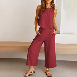 Women's Two Piece Pants Summer Solid Top Shirt 2 Set Fashion O-neck Sleeveless Casual Elegant Sets 2024 Normal Clothing