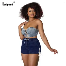 Women's Jeans Ladiguard 2024 Sexy Lace-up Denim Shorts Women High Cut Fashion Zipper Pocket Short Panties Oversize Ladies Summer Pant