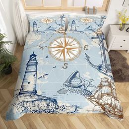 Bedding sets Navigation anchor down duvet cover set vintage sailboat lighthouse bed cover set navy blue navy blue wave comfortable cover set king J240507