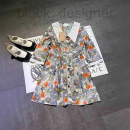 Basic & Casual Dresses designer 2024 Early Spring New MIU Fashionable and Stylish, Slimming Print, Contrast Color, Large Flip Collar, Waist Wrap Dress F9PZ