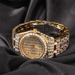 Trendy Men Hiphop Watch Bracelet Gold Plated Full Bling CZ Diamond Stone Quartz Watches Bracelets for Mens Jewellery Gift 260F