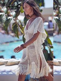 Women Beach Wear Fitshinling Knit Beach Dress Swimwear Women Hollow Out Boho Fringe Cover-Ups Outing Summer Oversized Pareo Sexy White Dresses T240508