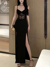Casual Dresses Black France Vintage One Piece Dress Women Lace Sexy Y2k Designer Evening Party Midi Female Hollow Out Elegant 2024