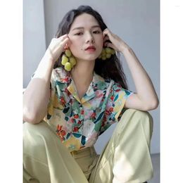 Women's Blouses French Floral Full Print Beach Shirts Oversized Women Short Sleeve Button Up Cause Cuba Shirt Summer 2024