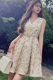 Casual Dresses Jacquard Dress High Waist Slim Pleated Lantern Sleeves Short Coat Summer Vintage Women DM1BDR090