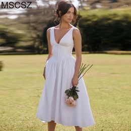 Casual Dresses V-Neck Sleeveless White Long Dress Woman Backless A-line Pleated Midi Elegant Corset Summer Party For Women