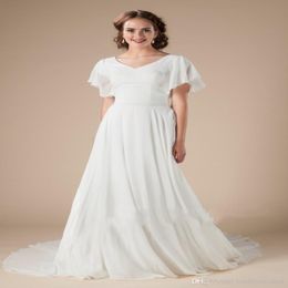 New Informal Boho Chiffon Modest Wedding Dresses With flutter Sleeves A-line Simple Bohemian LDS bridal Gowns Custom Made Reception 254h