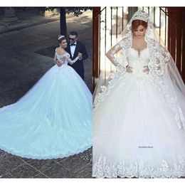 Bollklänning spets bröllopsklänningar 2021 långärmad transparent vinterstil anpassad prinsessa brud vestido de novia högkvalitativ tyll 0509