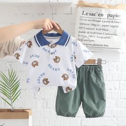 Clothing Sets Kids Summer 2024 Korean Fashion Cartoon Turn Down Collar Short Sleeve T-shirts Tops And Shorts Boys Boutique