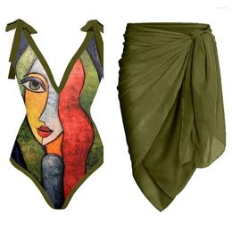 Women's Swimwear Vintage Dark Green Abstract Face Print Bikini High Waist Slim Swimsuit V-Neck Sexy Beachwear Bow Straps Elegant Luxury 2024