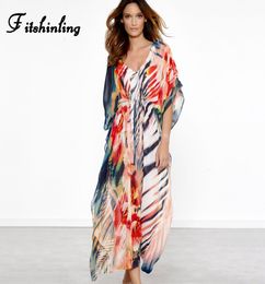 Fitshinling Rainbow striped long dress swimwear 2019 Colourful chiffon maxi dresses women v neck sexy sheer boho robe pareos 1163448