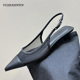 Dress Shoes Elegant Lady Pointed Toe Kitten Heel Women Shoe Breathable Mesh Patchwork Silk Leather Shallow Buckle Strap Slingback