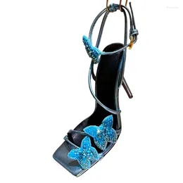 Dress Shoes Blue Butterfly Crystal Women Heel Sandal Designer Real Leather Buckle Strap Wedding Bride Runway T Show 2024