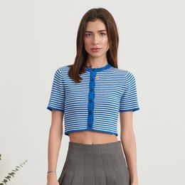 Women's T Shirts Stripes Print Crop Tops Short Sleeve Crew Neck Slim Fit Button Down T-Shirts Summer Knitted Cardigan