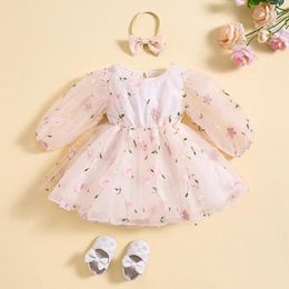 Girl Dresses 0-5Y Baby Girls Flower Embroidery Tulle Mesh Lace Dress Puff Long Sleeve Princess With Headband Sets Kids Clothes