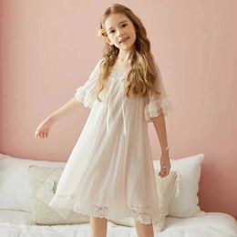 Pajamas 2022 New Spring Summer Girls Home Wear Sweet Princess Style Girls Nightdress Short Sleeve Lace Nightdress Soft Breatable T240509