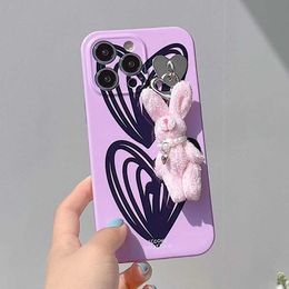 Cell Phone Cases Japan Korea 2 in 1 Love Heart With Rabbit Pendant Soft Phone Case For IPhone 14 12 11 13 Pro Max Shockproof Bumper Phone Cover J240509