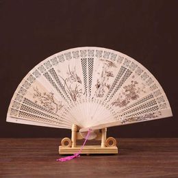 Chinese Style Products Chinese Style Wooden Carved Folding Fan Ancient Painting Orchid Bamboo Fans Dance Props Hanfu Decorated Hand Fan Hollowed Crafts