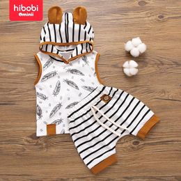Clothing Sets Hibobi 2-Piece Baby Boby Feather Hooded Sleeveless T-Shirt & Striped Shorts Casual Boy Suit For 0-12 Months