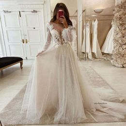 Spetsklänningar 2021 Appliciques A Line Bride Dress Princess Wedding Clown Long Puff Sleeve Robe de Mariee 0509