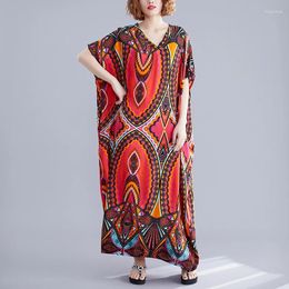 Ethnic Clothing African Dresses For Women 2024 Summer Latest Multicolor Flowers Pattern Print V Neck Bohemian Beautiful Lady Dress Free Size