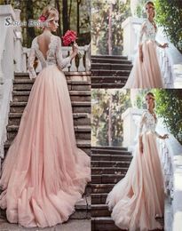 Blush Pink Lace 2020 A line Wedding Dresses VNeck Long Sleeves Vintage Bridal Dress Backless Appliques Plus Size Bride Gowns2471151