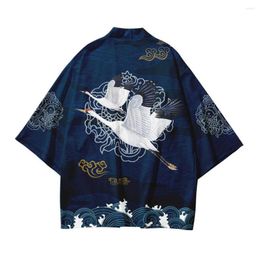 Men's Casual Shirts Daily Coat Japanese Style Kimono Cardigan With Bird Print Traditional Three Quarter Sleeve Top For Wear Printed