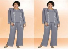 Modest 2019 Grey Chiffon Mother Of The Bride Pant Suits With Long Sleeve Jacket Jewel Neck Column Embroidery Grey Formal Suits Cus6649026