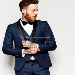 Side Vent Slim Fit Groom Tuxedos Shawl Collar Men's Suit Navy Blue Groomsman Bridegroom Wedding Prom Suits Jacket Pants Tie vestJ7 244E